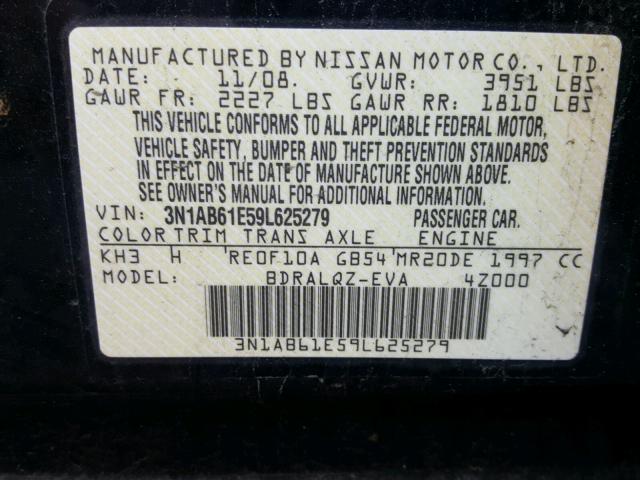 3N1AB61E59L625279 - 2009 NISSAN SENTRA 2.0 BLACK photo 10