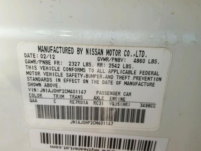 JN1AJ0HP2CM401147 - 2012 INFINITI EX35 BASE WHITE photo 10