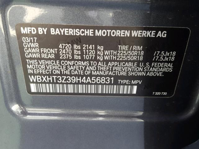 WBXHT3Z39H4A56831 - 2017 BMW X1 XDRIVE2 CHARCOAL photo 10