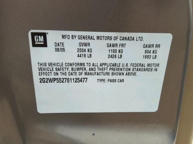 2G2WP552761125477 - 2006 PONTIAC GRAND PRIX TAN photo 10