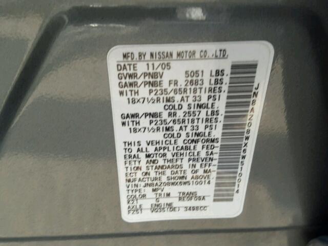 JN8AZ08WX6W510014 - 2006 NISSAN MURANO SL GRAY photo 10