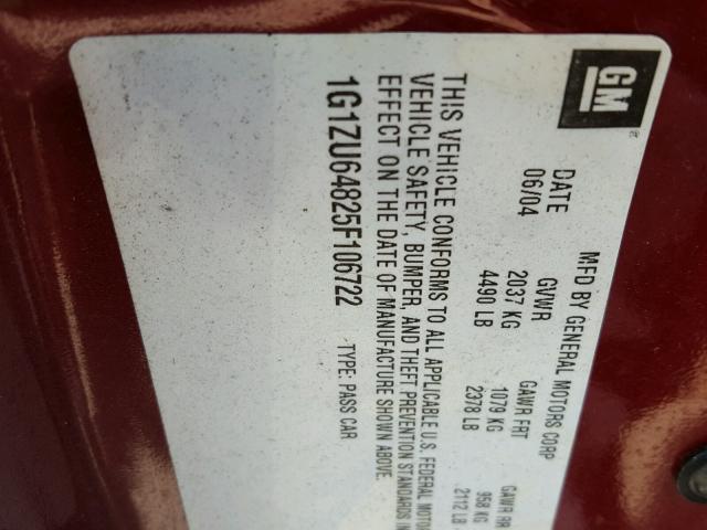 1G1ZU64825F106722 - 2005 CHEVROLET MALIBU MAX BURGUNDY photo 10