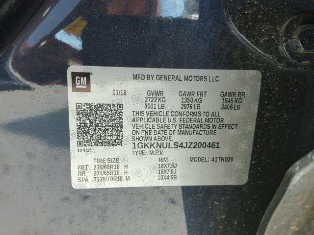 1GKKNULS4JZ200461 - 2018 GMC ACADIA SLT ლურჯი ფოტო 10