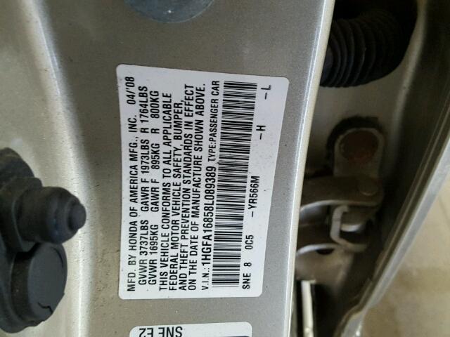 1HGFA16858L089389 - 2008 HONDA CIVIC EX ოქროსფერი ფოტო 10