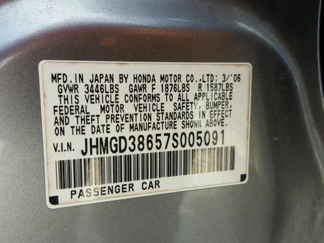 JHMGD38657S005091 - 2007 HONDA FIT S GRAY photo 10