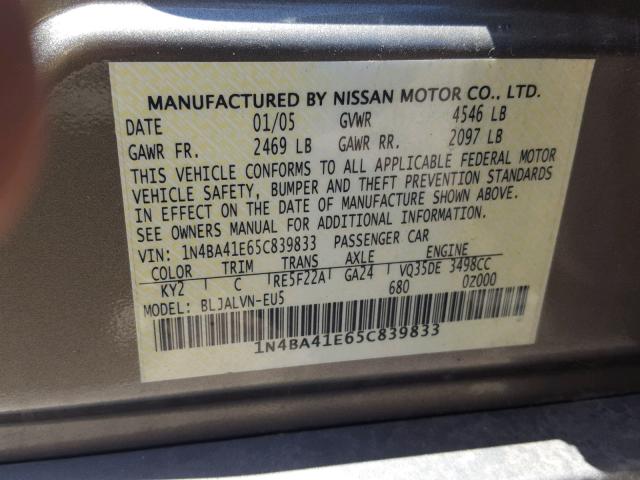 1N4BA41E65C839833 - 2005 NISSAN MAXIMA SE BEIGE photo 10