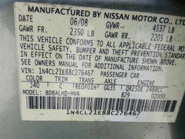 1N4CL21E88C276467 - 2008 NISSAN ALTIMA HYB GREEN photo 10