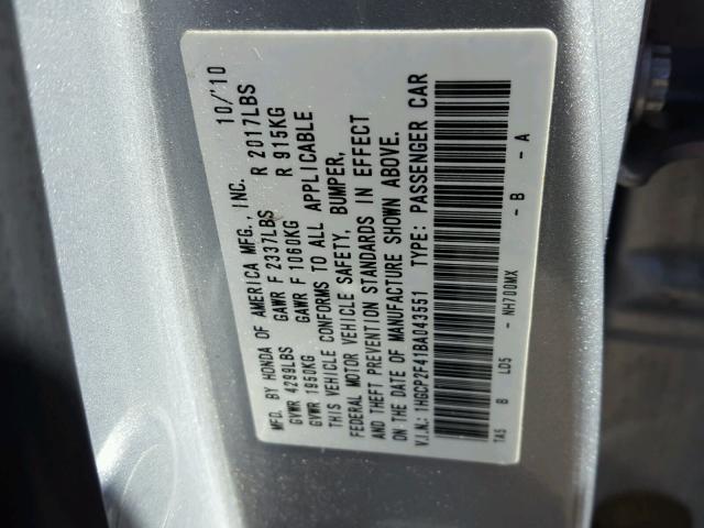 1HGCP2F41BA043551 - 2011 HONDA ACCORD LXP SILVER photo 10