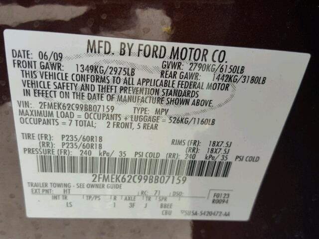 2FMEK62C99BB07159 - 2009 FORD FLEX SEL BURGUNDY photo 10