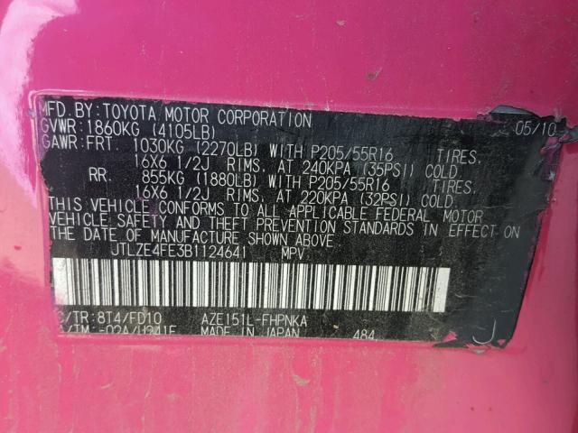 JTLZE4FE3B1124641 - 2011 TOYOTA SCION XB Rosa Foto 10