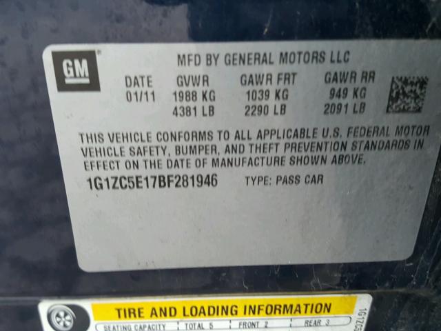 1G1ZC5E17BF281946 - 2011 CHEVROLET MALIBU 1LT BLUE photo 10