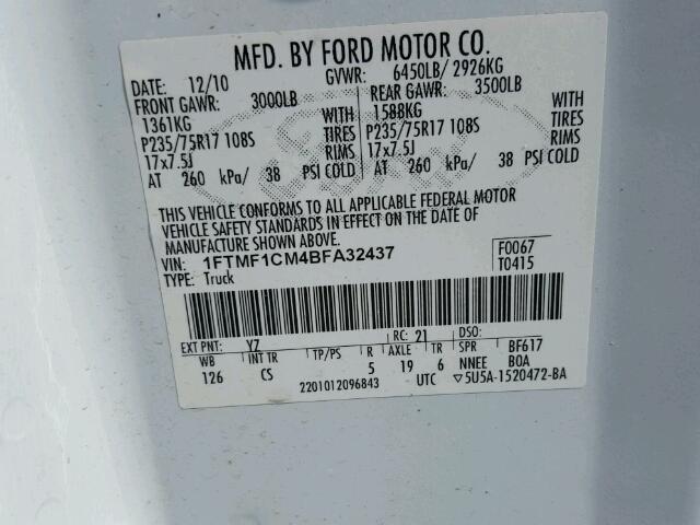 1FTMF1CM4BFA32437 - 2011 FORD F150 WHITE photo 10