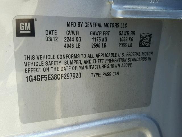 1G4GF5E38CF297920 - 2012 BUICK LACROSSE P SILVER photo 10