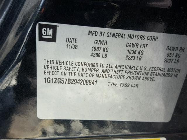 1G1ZG57B294208841 - 2009 CHEVROLET MALIBU LS შავი ფოტო 10