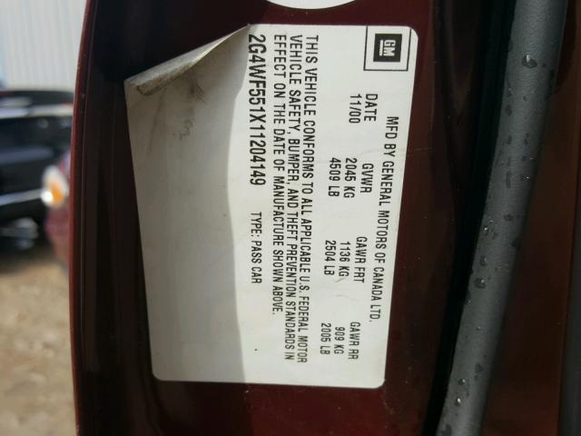 2G4WF551X11204149 - 2001 BUICK REGAL GS BURGUNDY photo 10