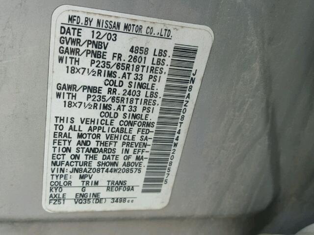 JN8AZ08T44W208575 - 2004 NISSAN MURANO SILVER photo 10