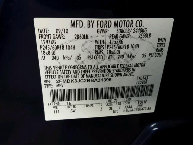 2FMDK3JC2BBA31396 - 2011 FORD EDGE SEL BLUE photo 10