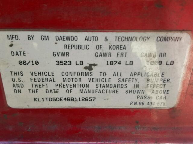 KL1TD5DE4BB112657 - 2011 CHEVROLET AVEO LS/LT 红色 照片 10