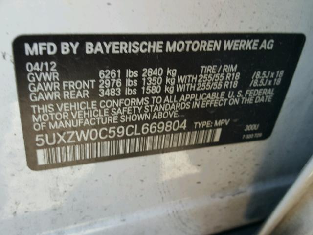 5UXZW0C59CL669804 - 2012 BMW X5 XDRIVE3 WHITE photo 10