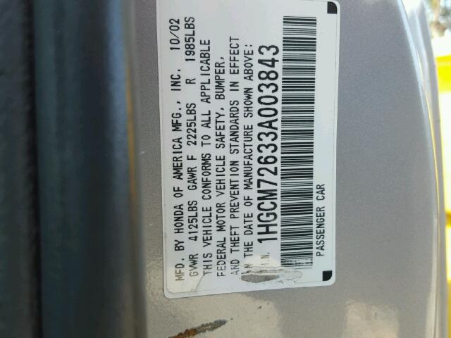 1HGCM72633A003843 - 2003 HONDA ACCORD EX SILVER photo 10