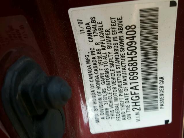 2HGFA16968H509408 - 2008 HONDA CIVIC EXL მუქწითელი ფოტო 10