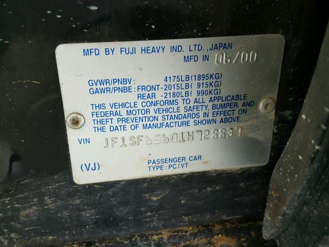 JF1SF65601H728837 - 2001 SUBARU FORESTER S BLACK photo 10