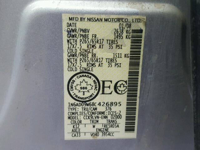 1N6AD09W68C426895 - 2008 NISSAN FRONTIER C GRAY photo 10