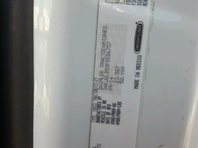 3AKJGLD5XFSGD6757 - 2015 FREIGHTLINER CASCADIA 1 WHITE photo 10