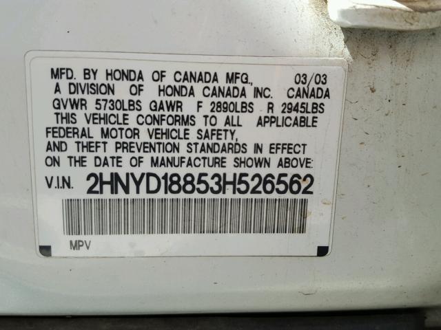 2HNYD18853H526562 - 2003 ACURA MDX TOURIN WHITE photo 10