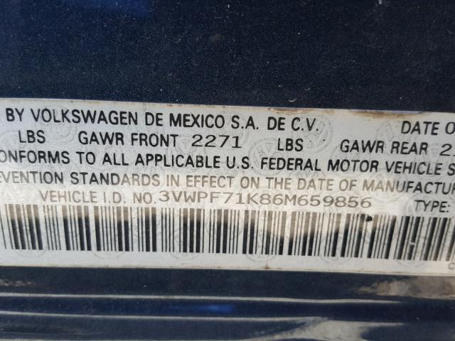 3VWPF71K86M659856 - 2006 VOLKSWAGEN JETTA VALU BLUE photo 10