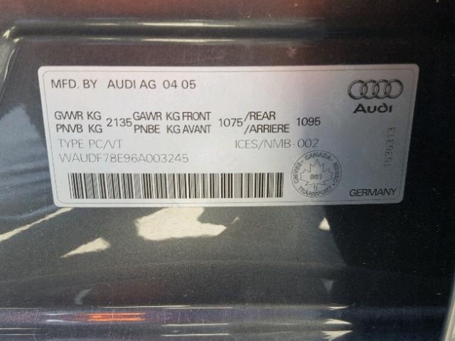 WAUDF78E96A003245 - 2006 AUDI A4 2.0T QU GRAY photo 10