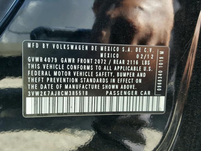 3VW2K7AJ8CM385518 - 2012 VOLKSWAGEN JETTA BASE Սև լուսանկար 10