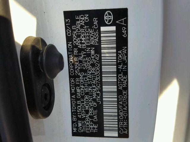 JTKJF5C73D3062742 - 2013 TOYOTA SCION TC 白色 照片 10