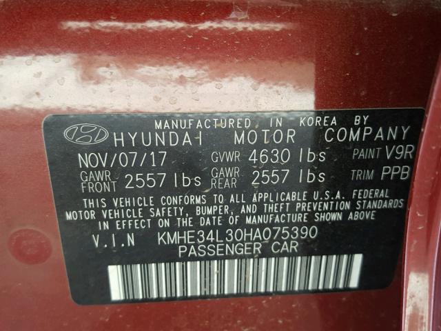 KMHE34L30HA075390 - 2017 HYUNDAI SONATA HYB RED photo 10