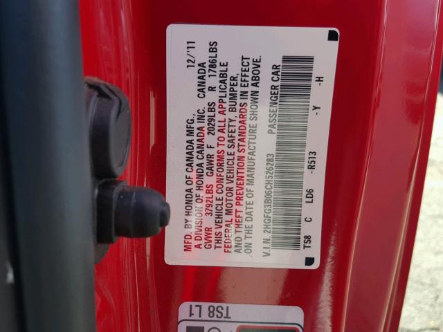 2HGFG3B06CH526283 - 2012 HONDA CIVIC EXL RED photo 10
