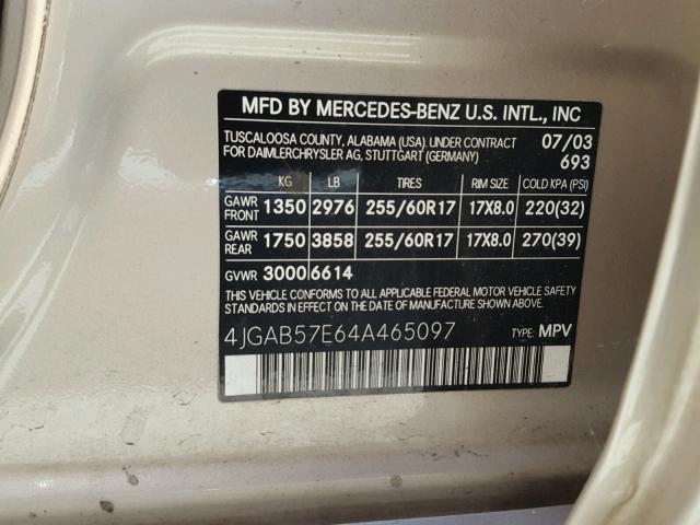 4JGAB57E64A465097 - 2004 MERCEDES-BENZ ML 350 GOLD photo 10