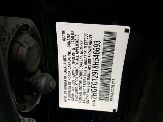 2HGFG12918H546693 - 2008 HONDA CIVIC EXL 黑色 照片 10