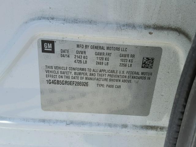 1G4GB5GR9EF286926 - 2014 BUICK LACROSSE 白色 照片 10