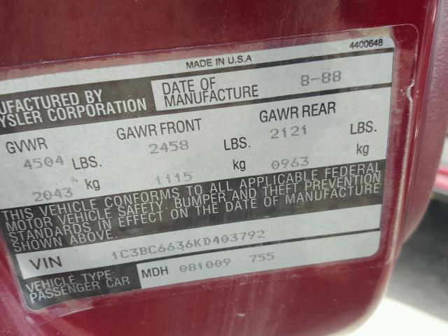 1C3BC6636KD403792 - 1989 CHRYSLER NEW YORKER 栗色 照片 10