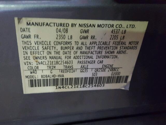 1N4CL21E18C254603 - 2008 NISSAN ALTIMA HYB GRAY photo 10