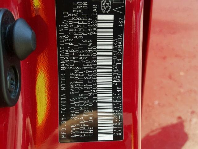 2T1BU4EE0AC481030 - 2010 TOYOTA COROLLA BA RED photo 10