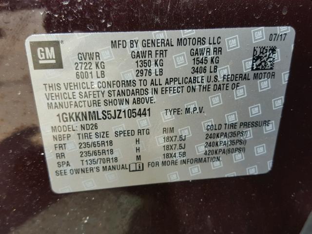 1GKKNMLS5JZ105441 - 2018 GMC ACADIA SLT BURGUNDY photo 10