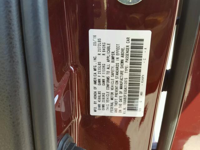 19UUB2F55GA010975 - 2016 ACURA TLX TECH MAROON photo 10