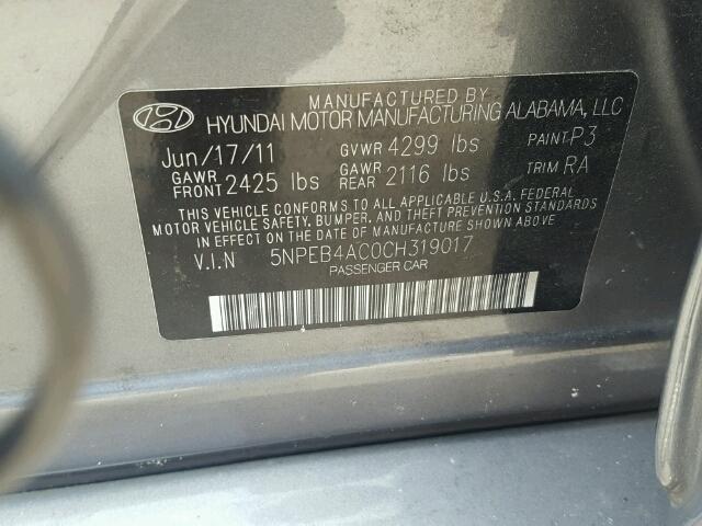 5NPEB4AC0CH319017 - 2012 HYUNDAI SONATA GRAY photo 10