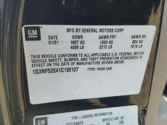 1G3NF52E41C198107 - 2001 OLDSMOBILE ALERO GLS 黑色 照片 10