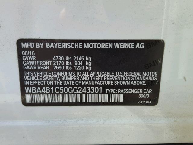 WBA4B1C50GG243301 - 2016 BMW 435 I WHITE photo 10