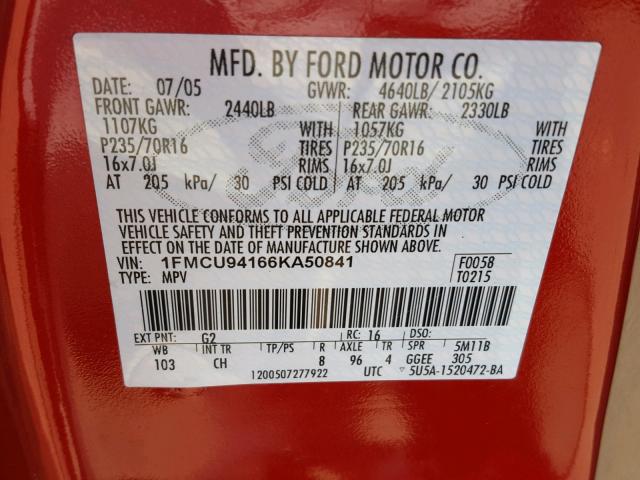 1FMCU94166KA50841 - 2006 FORD ESCAPE LIM RED photo 10