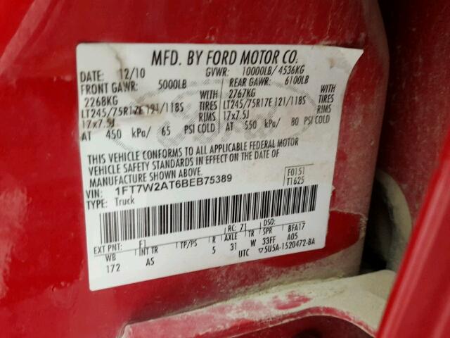 1FT7W2AT6BEB75389 - 2011 FORD F250 SUPER RED photo 10