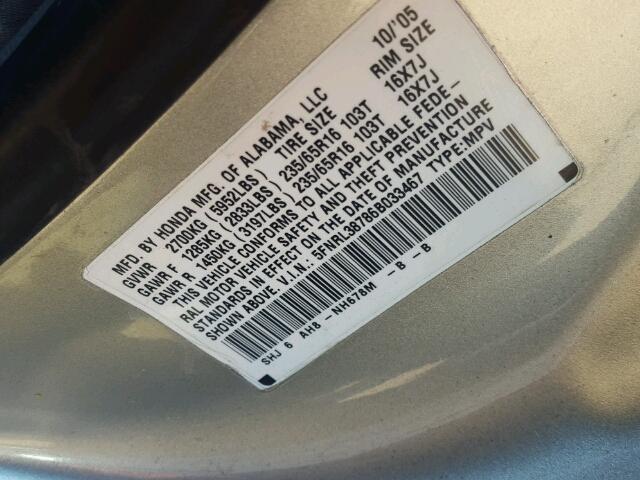 5FNRL38786B033467 - 2006 HONDA ODYSSEY EX SILVER photo 10