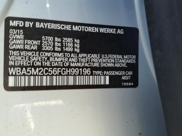 WBA5M2C56FGH99196 - 2015 BMW 535 IGT SILVER photo 10